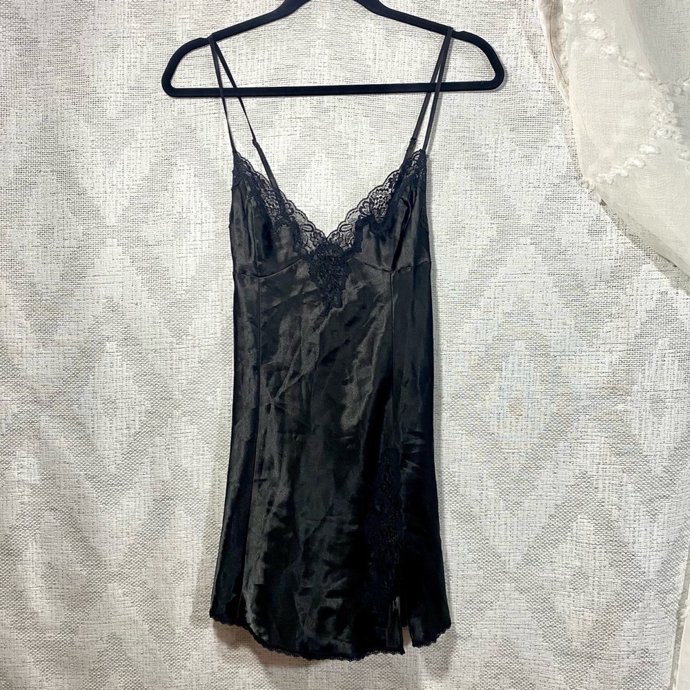 Frederick's of Hollywood black satin slip dress with lace detail size L